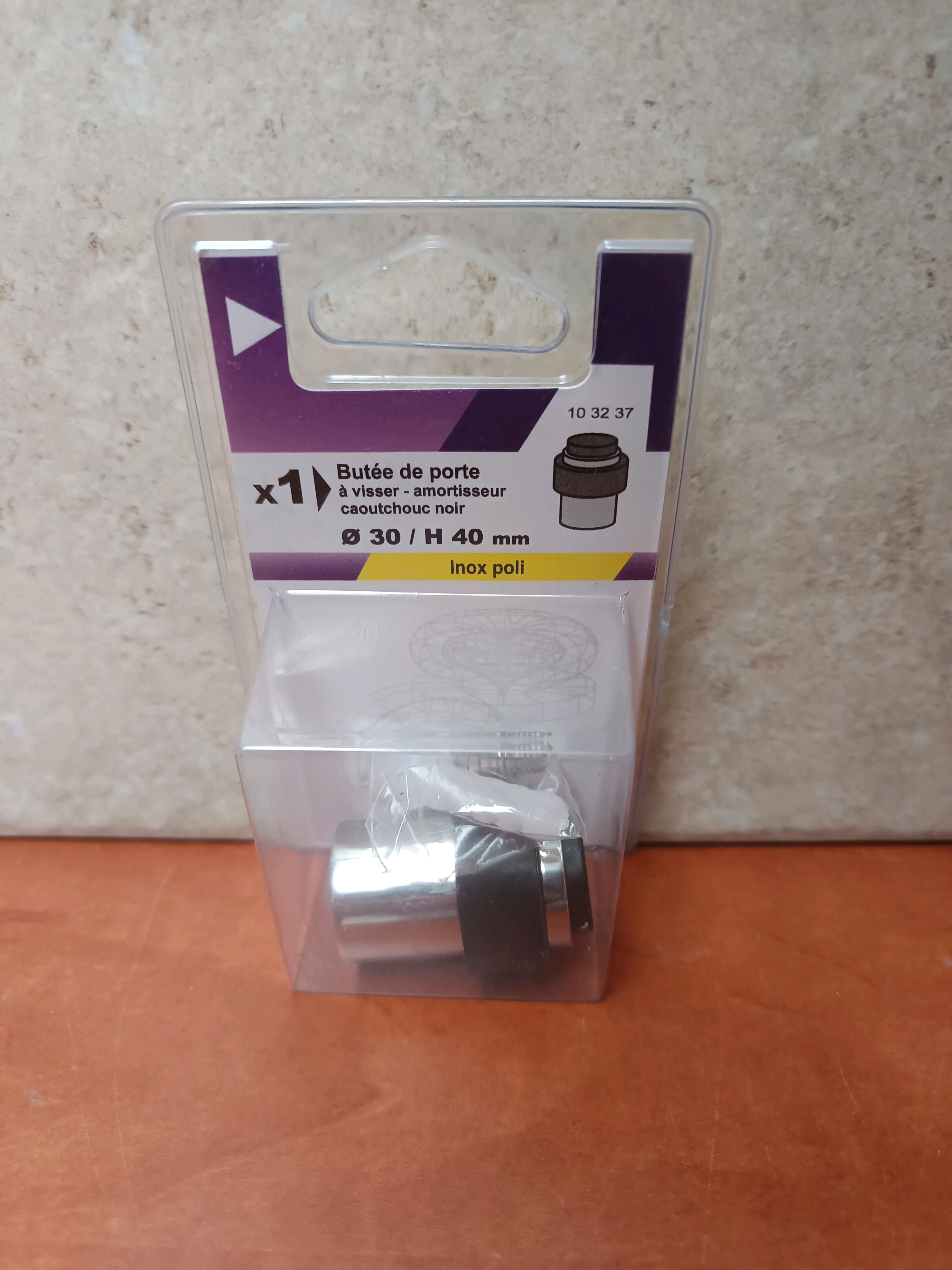 Butée de porte à visser Ø30 x H40 mm - Inox poli, amortisseur caoutchouc noir