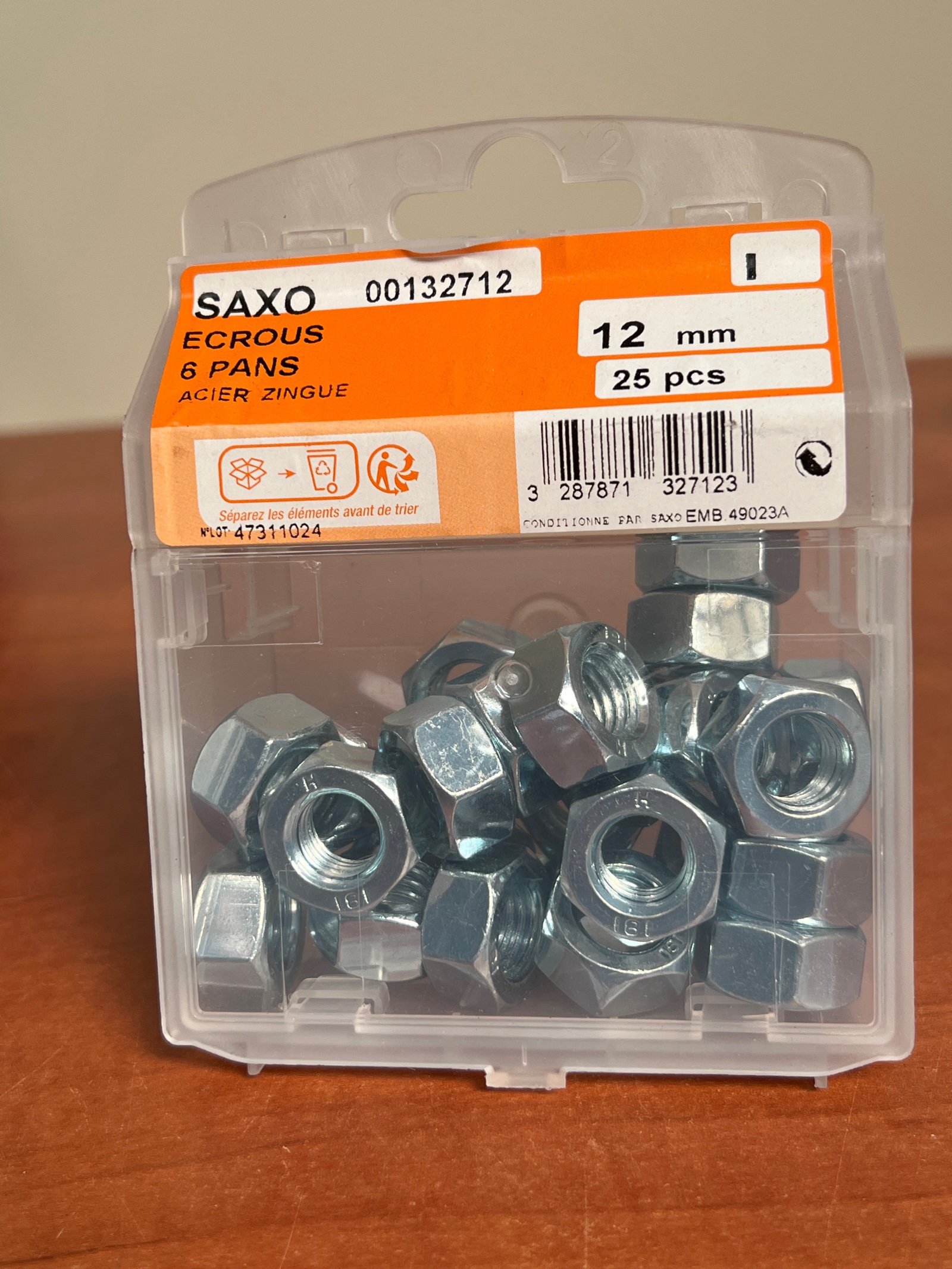 SAXO 00132712 Écrous 6 pans 12 mm acier zingué (25 pcs)