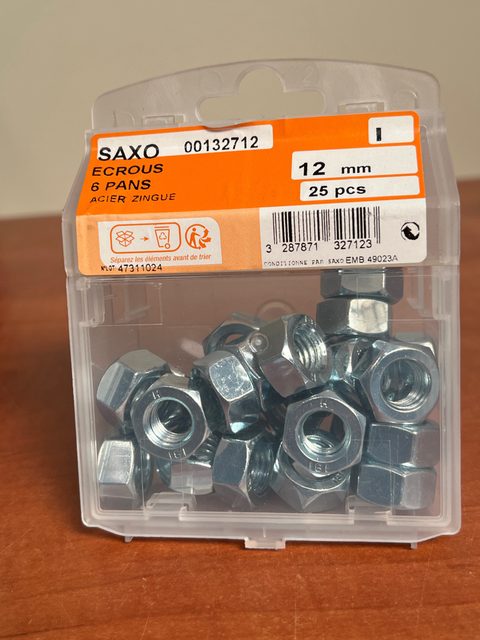 SAXO 00132712 Écrous 6 pans 12 mm acier zingué (25 pcs)