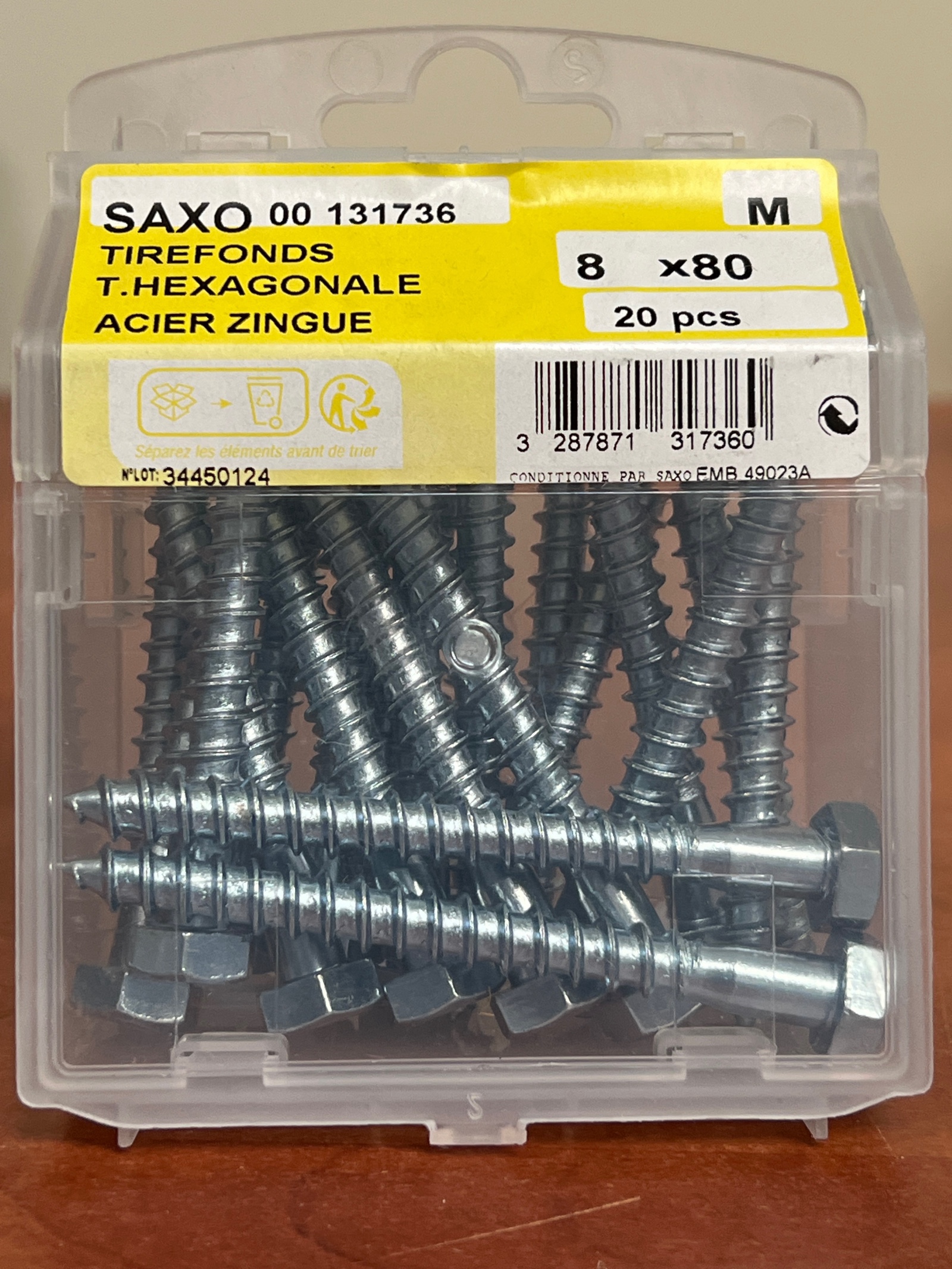 SAXO 00 131736 tirefonds tête hexagonale 8 x 80 acier zingué (boîte de 20)