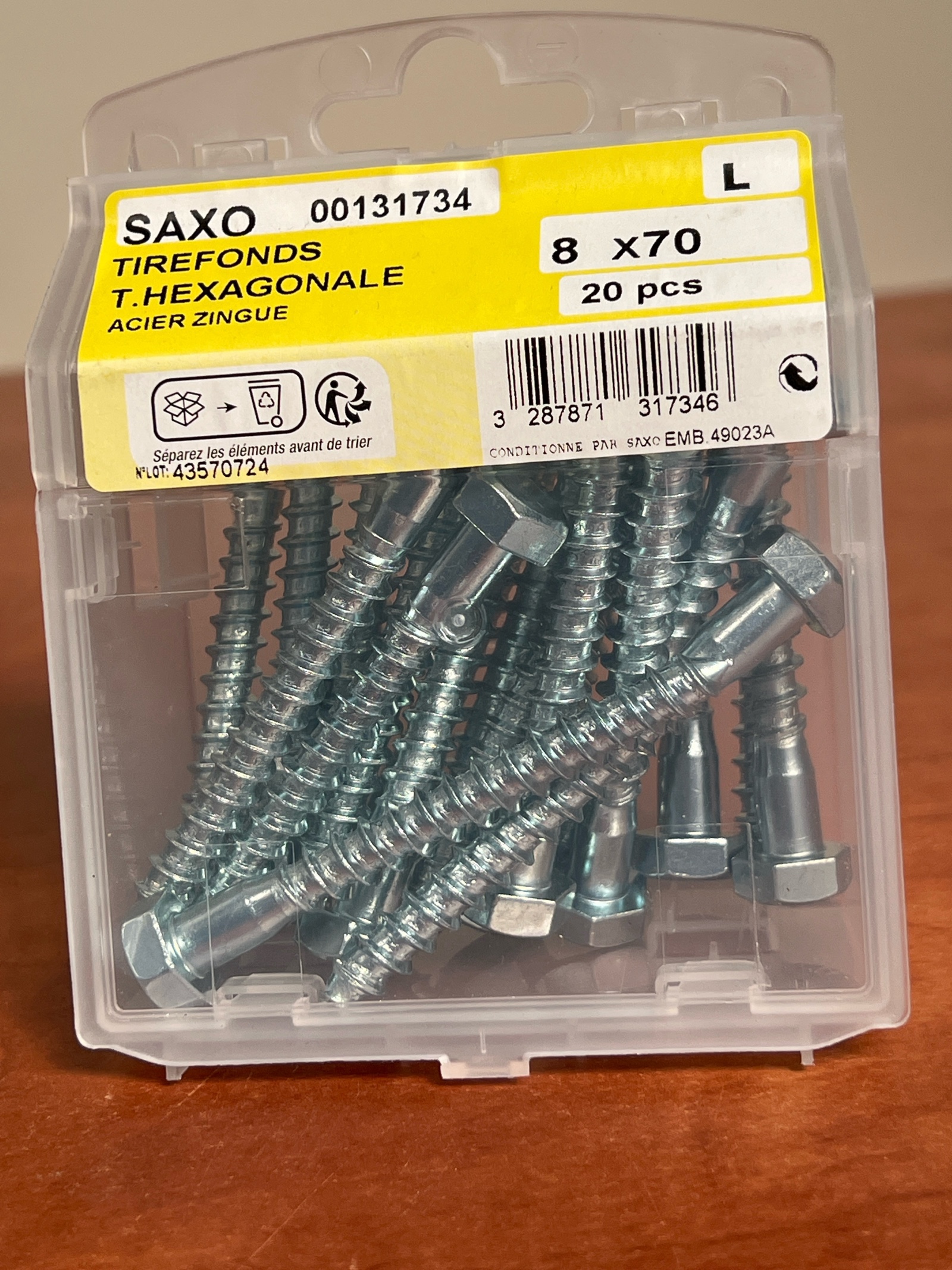 SAXO Tirefonds tête hexagonale 8x70 mm acier zingué (boîte de 20)