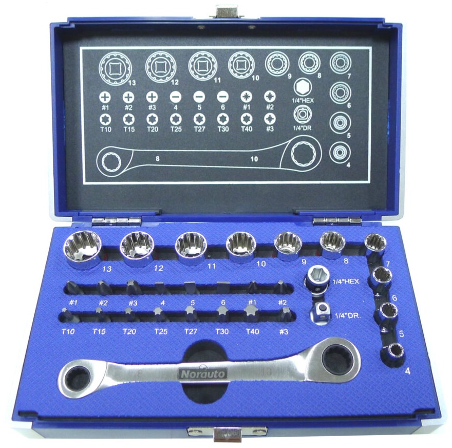 Coffret clé à cliquet carré 1/2'' + douilles 12 pans 4-13 mm et embouts NORAUTO 29 pièces
