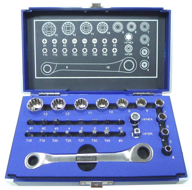 Coffret clé à cliquet carré 1/2'' + douilles 12 pans 4-13 mm et embouts NORAUTO 29 pièces