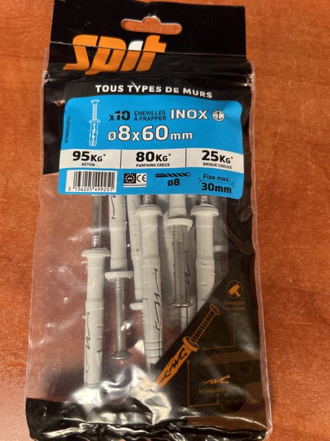 Lot de 10 chevilles à frapper inox SPIT HITM 8 x 60 mm