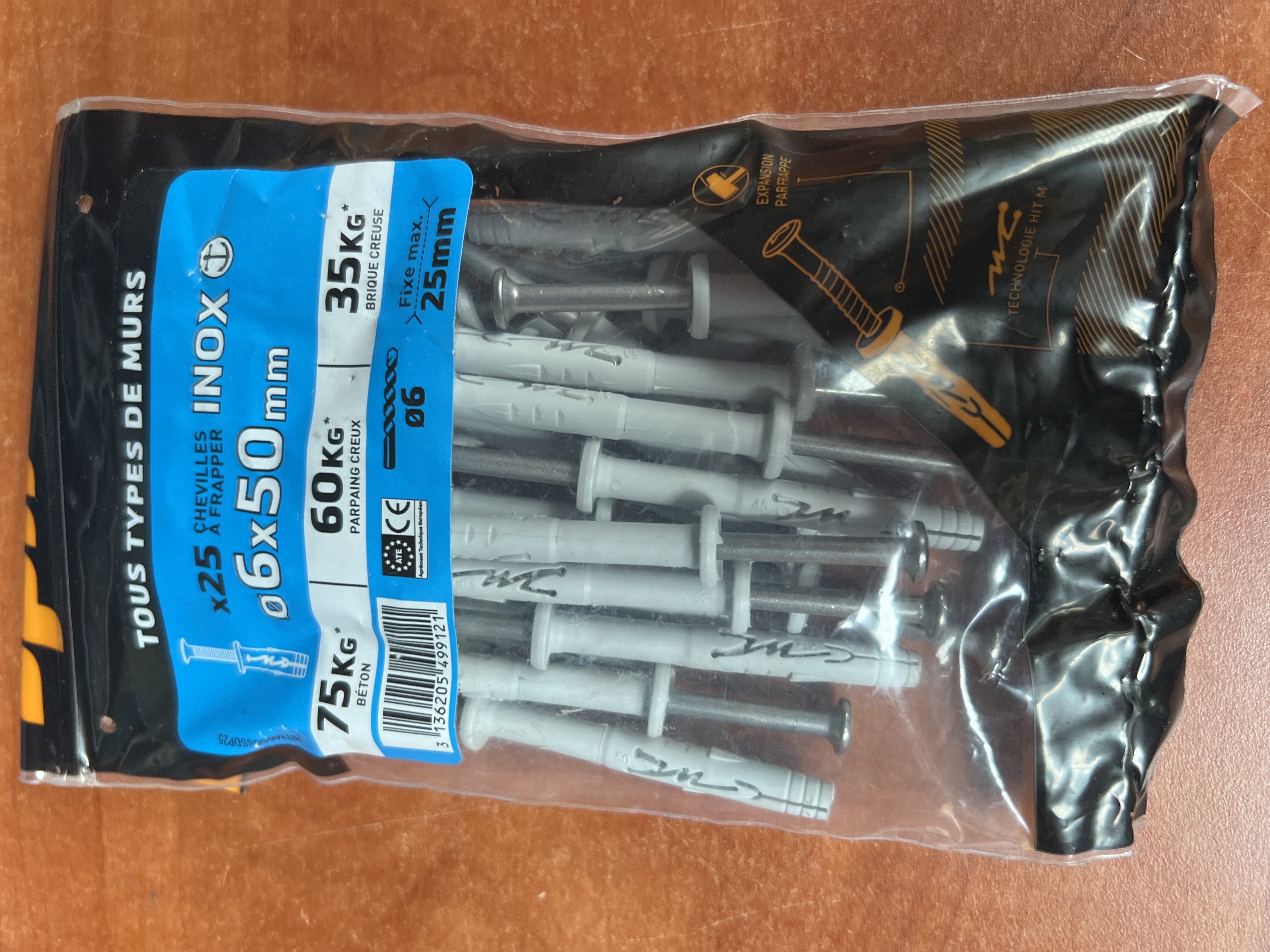 Lot de 25 chevilles à frapper inox 6 x 50 mm