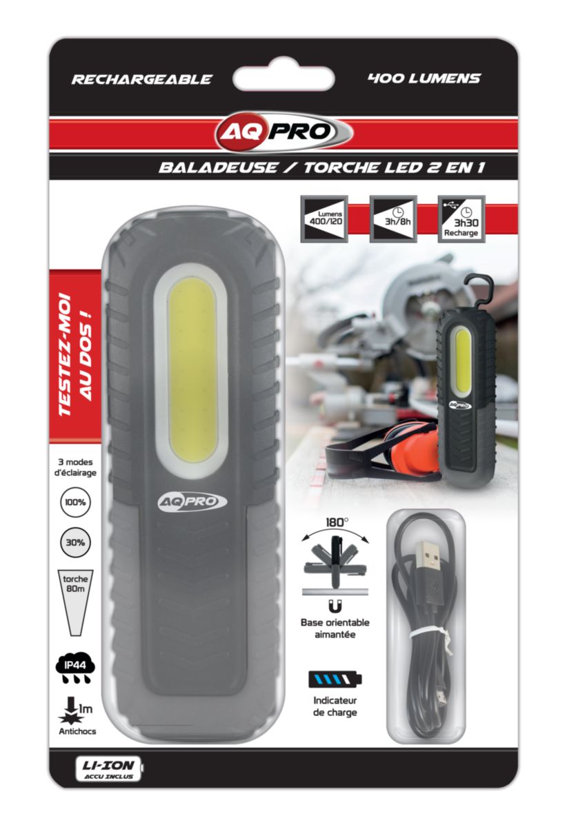 Baladeuse rechargeable AQ PRO ALBL3R 400 lumens 2 en 1