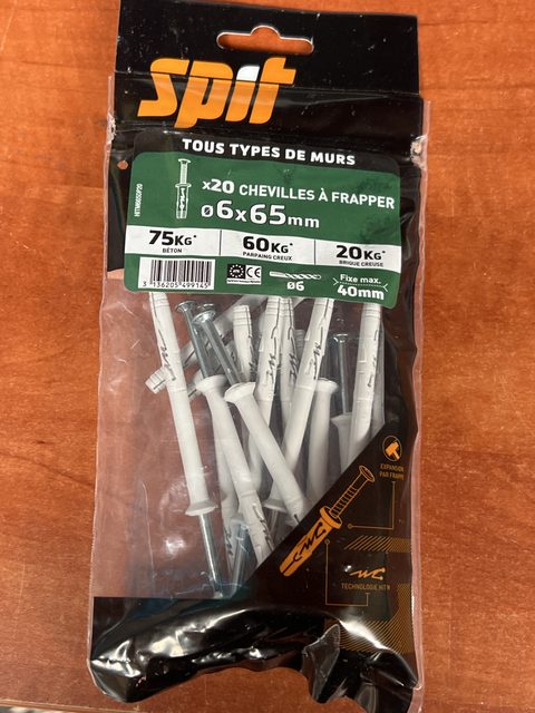 Spit lot de 20 chevilles à frapper nylon 6 x 65 mm