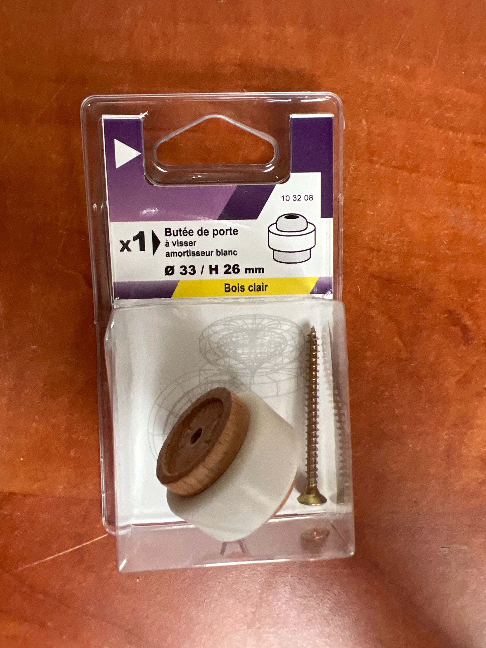 Butée de porte à visser, amortisseur blanc, Ø33 mm x H26 mm, bois clair