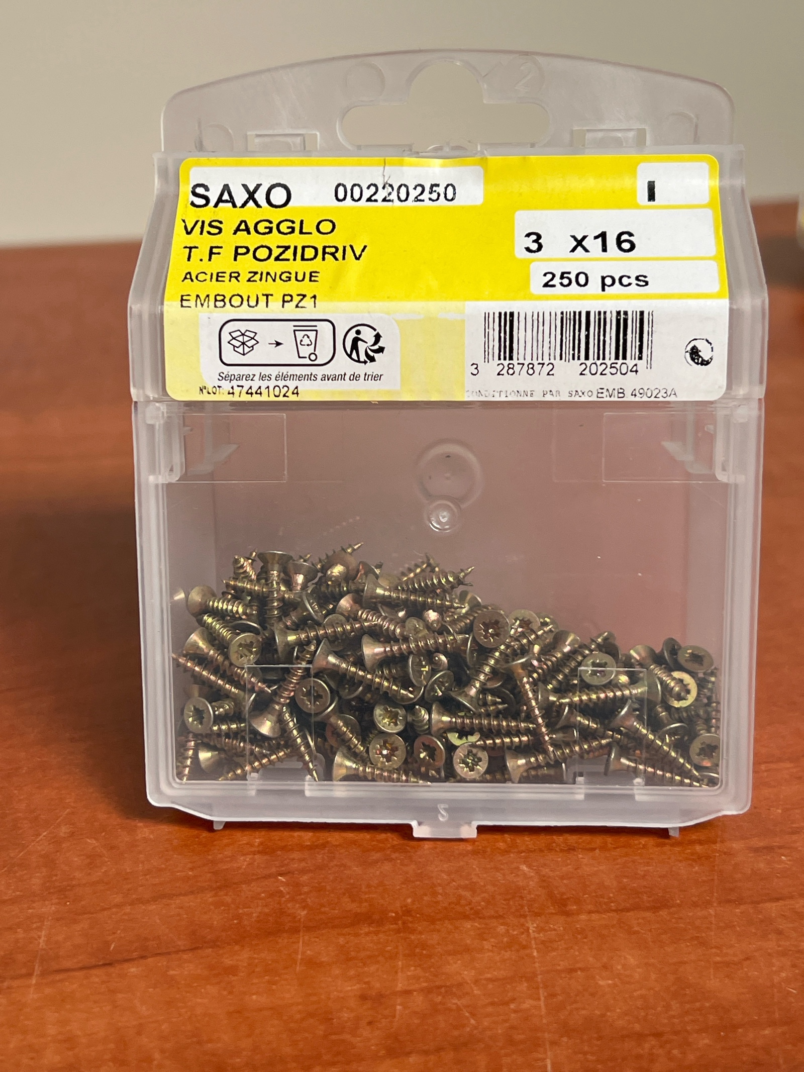 SAXO Vis agglo T.F Pozidriv 3 x 16 acier zingué (embout PZ1, boîte 250 pcs)