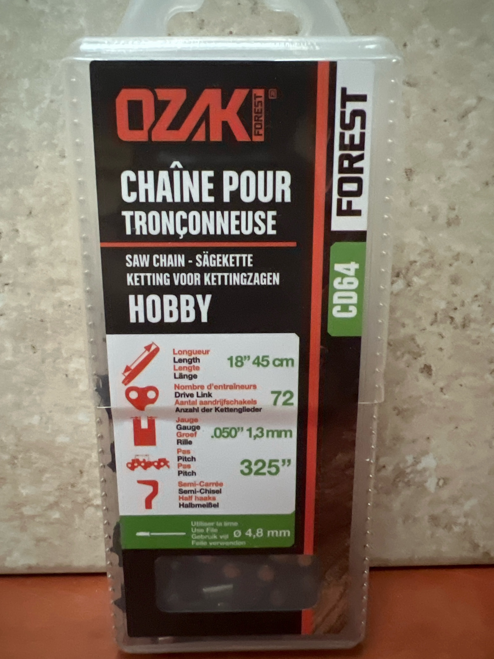 Ozaki C064 chaîne pour tronçonneuse 18'' (45 cm), 72 maillons, pas .325'', jauge .050'' (1,3 mm)
