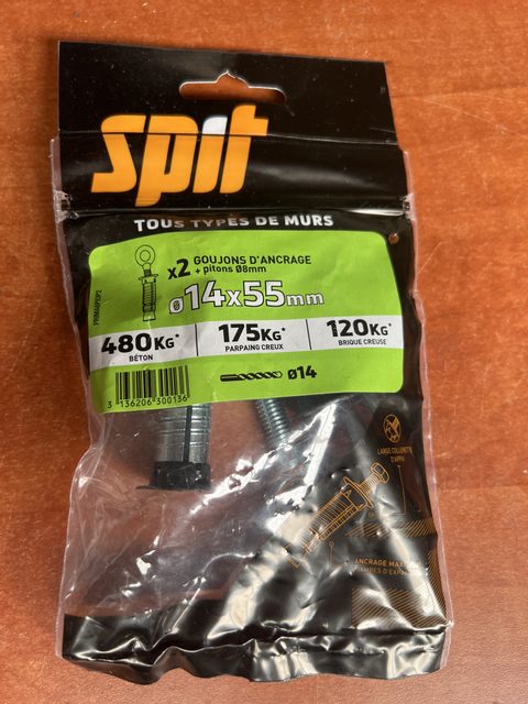Goujon d'ancrage Spit Prima 14x55 mm avec piton 8 mm lot de 2 tous types de murs