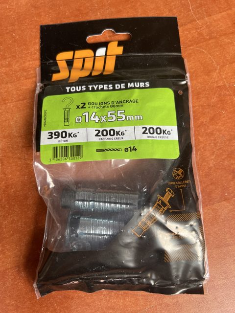 Lot de 2 goujons d'ancrage SPIT Prima8 14x55 mm avec crochets 8 mm tous types de murs