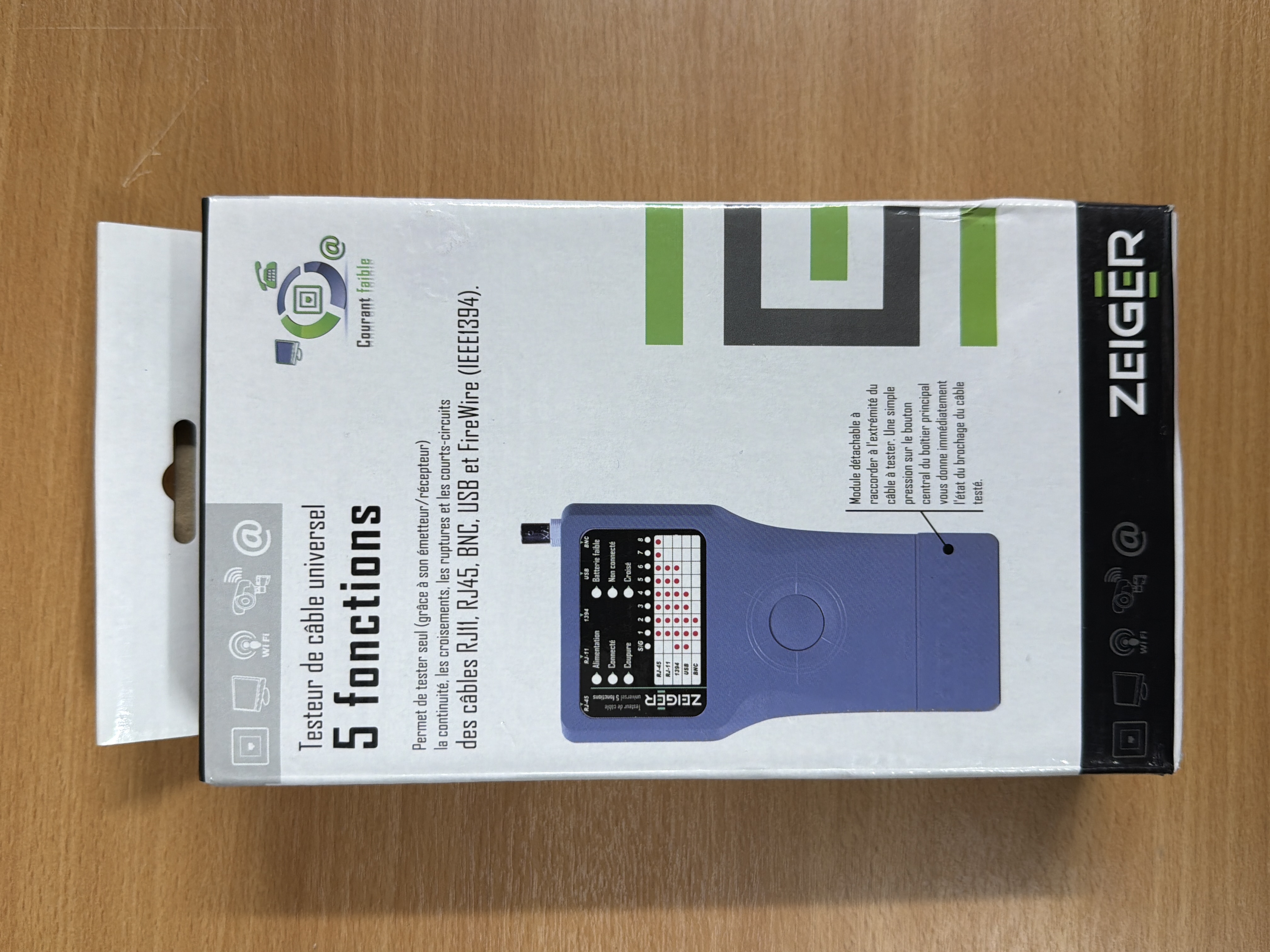 Testeur de câble Zeiger 5 fonctions RJ45 RJ11 USB FireWire BNC