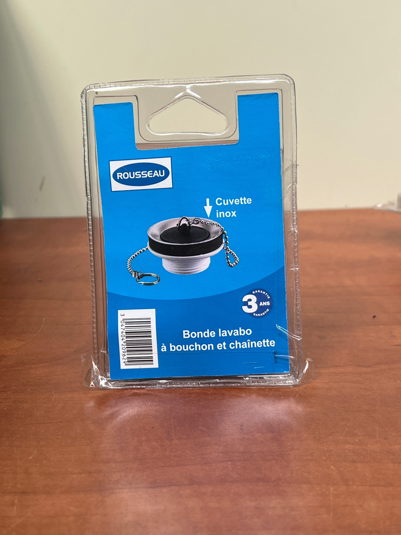 Rousseau bonde de lavabo à bouchon et chaînette, cuvette inox