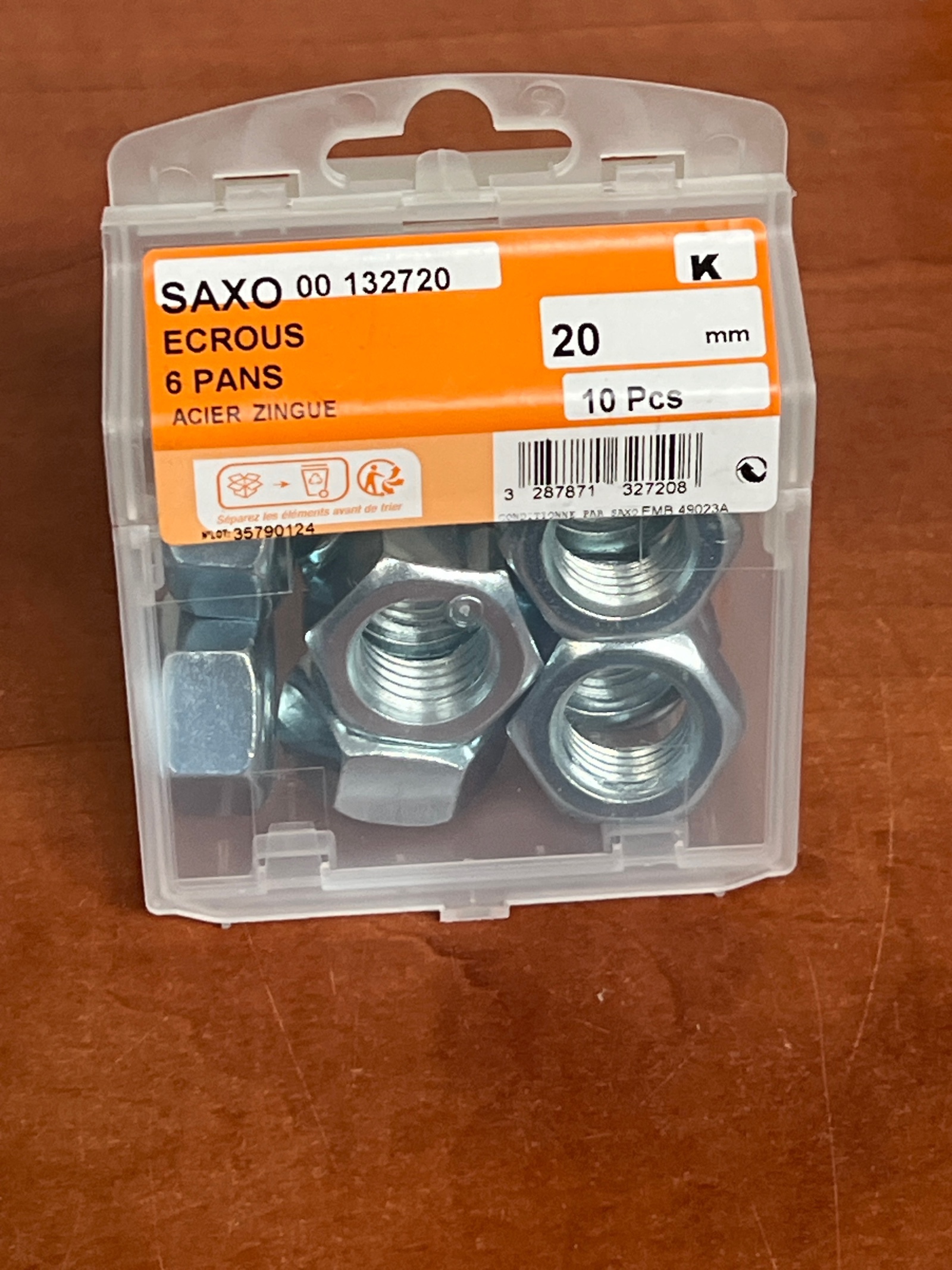 SAXO 132720 écrous 6 pans acier zingué 20 mm - boîte de 10 pièces