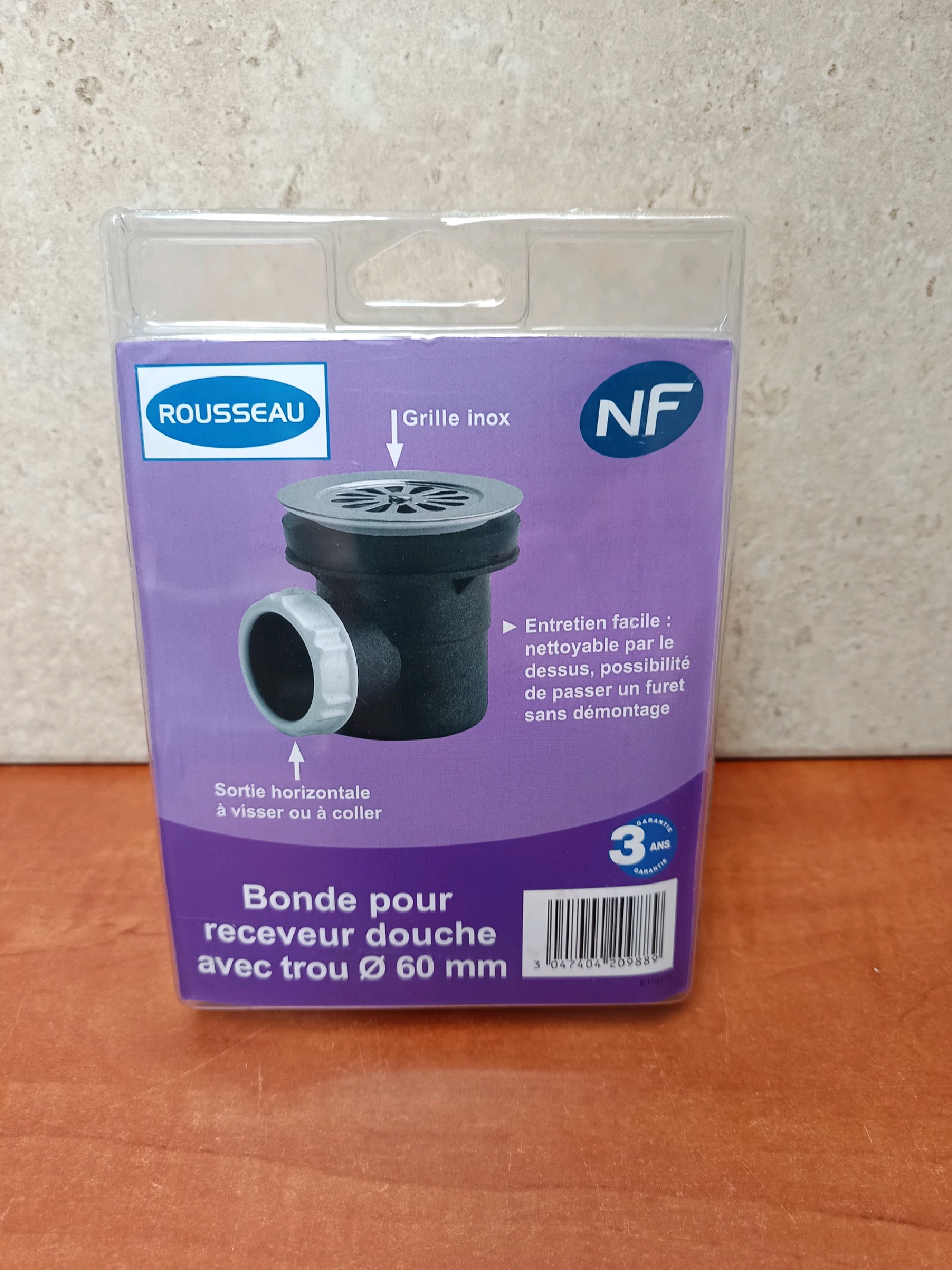 Rousseau bonde pour receveur de douche Ø 60 mm, sortie horizontale, grille inox