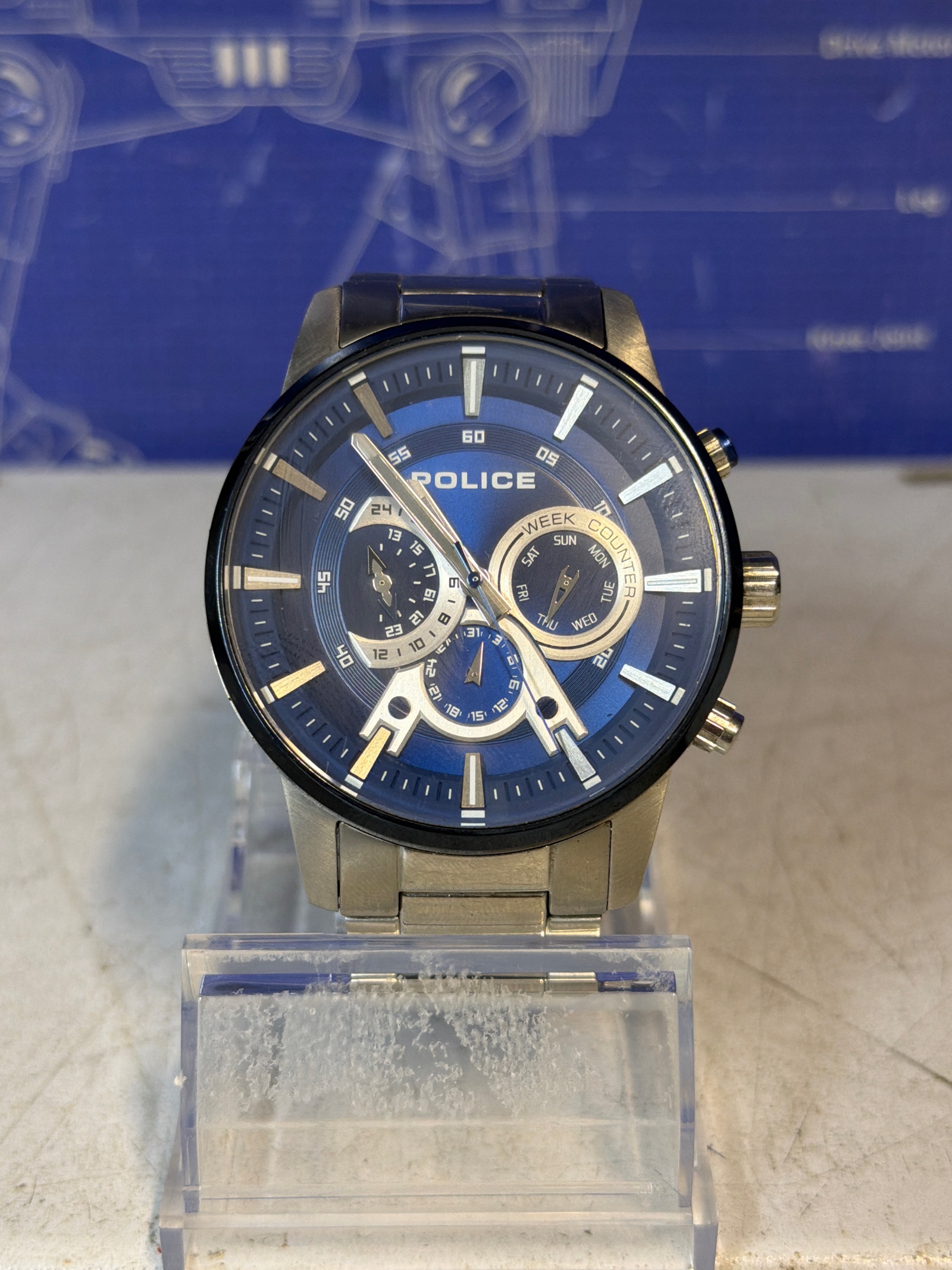 Montre Police 15523J, cadran bleu, bracelet métal