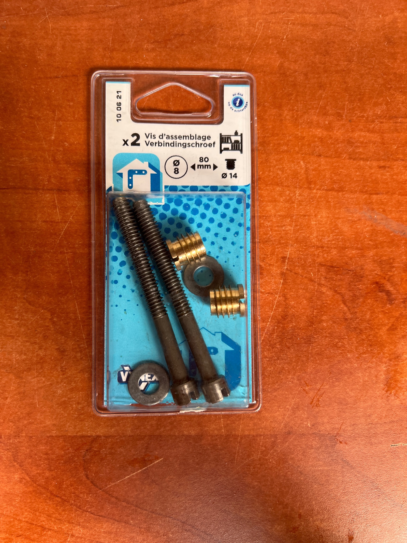 Vis d’assemblage x2 80 mm – 8 mm – Ø14 avec inserts et rondelles