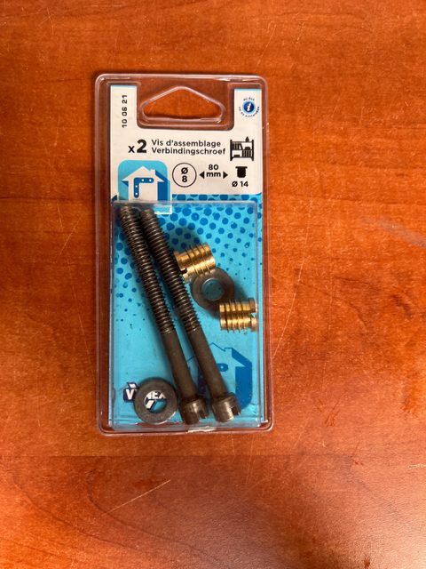 Vis d’assemblage x2 80 mm – 8 mm – Ø14 avec inserts et rondelles