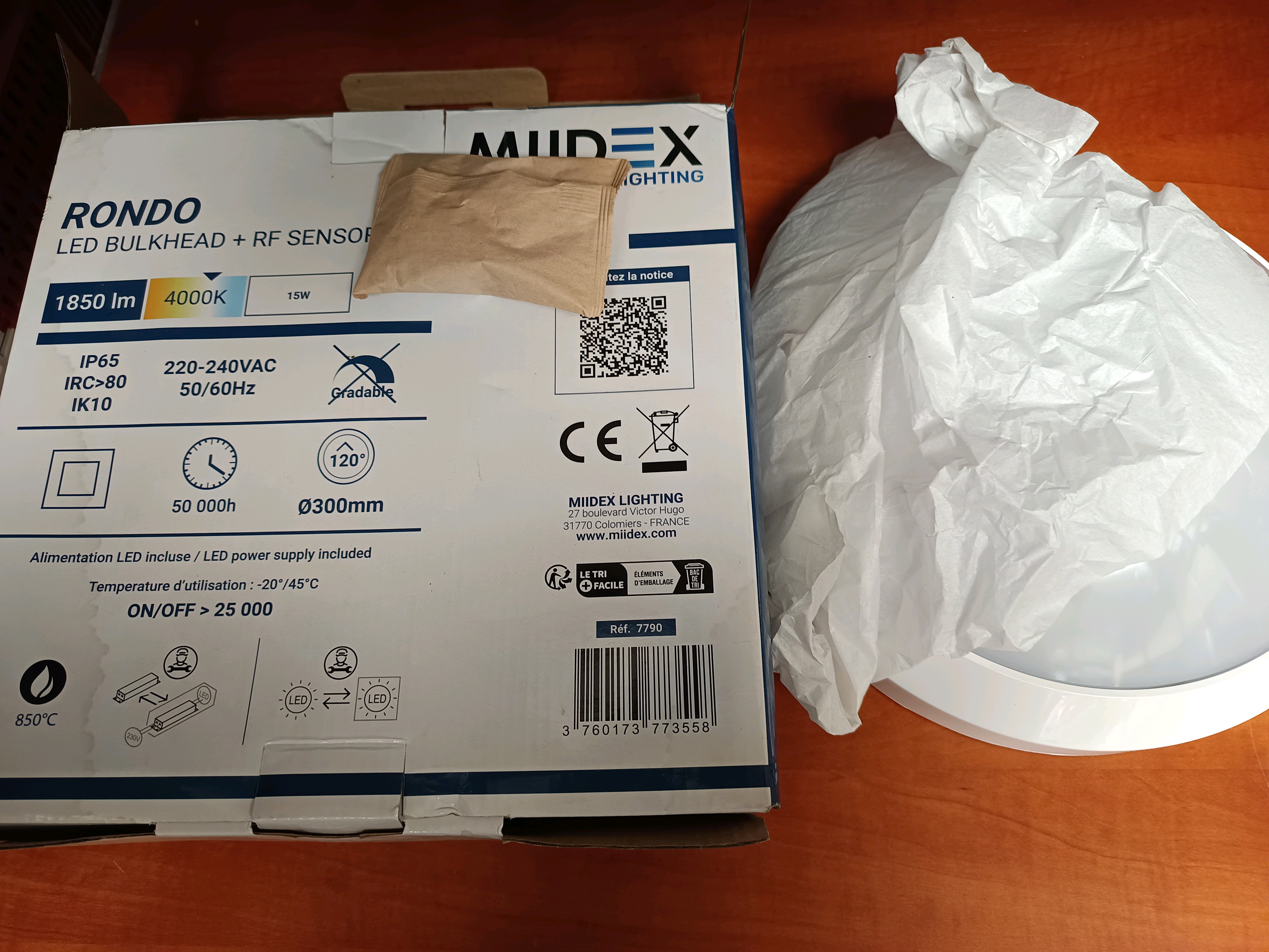 Midex Lighting RONDO – Hublot LED avec capteur RF, 15W, 4000K, 1850 lm, Ø300 mm, IP65 IK10