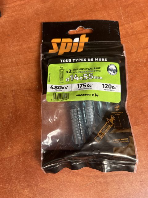 Spit Prima 8 lot de 2 goujons d'ancrage 14x55 mm vis tête sécable tous types de murs
