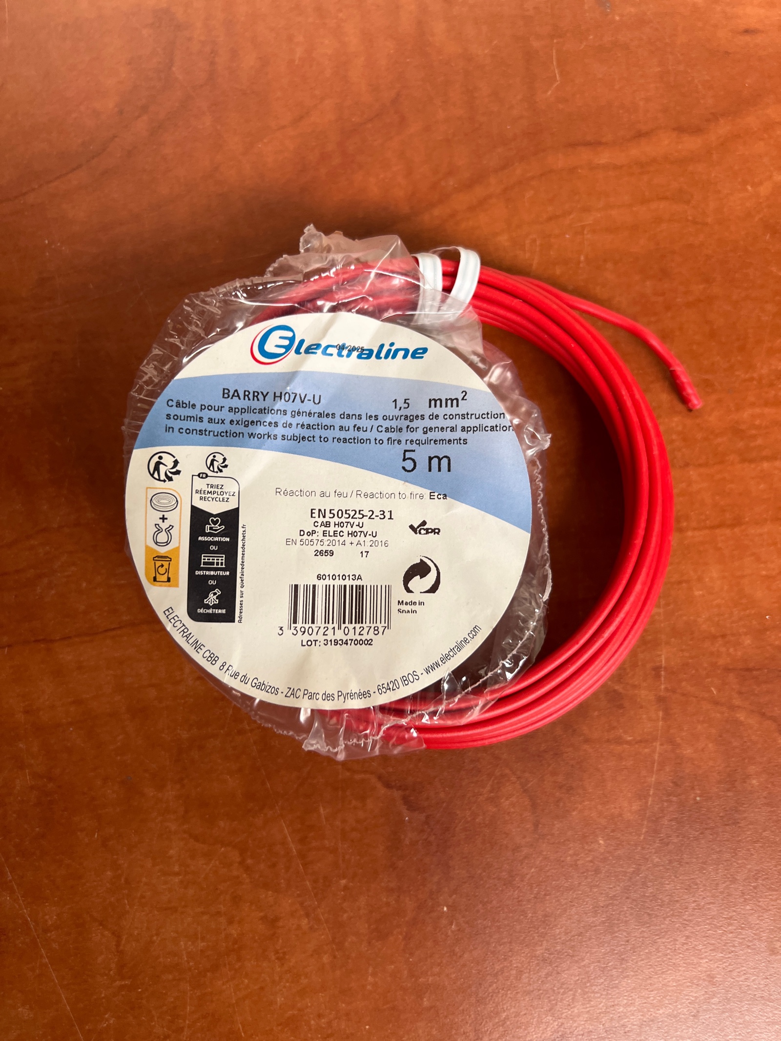 Electraline H07V-U câble électrique rigide 1,5 mm² 5 m rouge