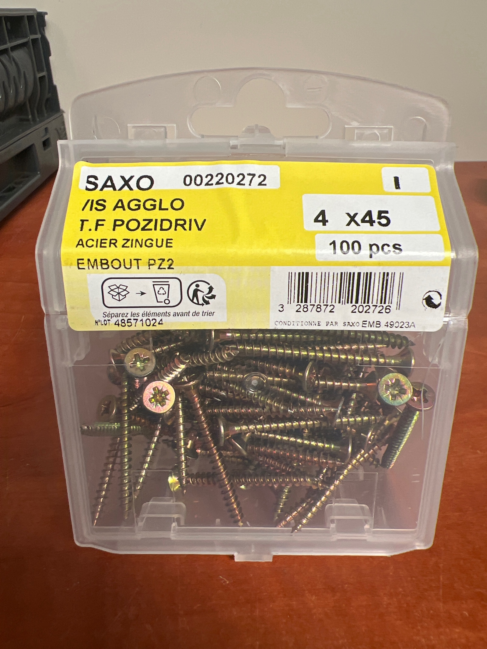 SAXO vis aggloméré tête fraisée Pozidriv 4 x 45 acier zingué PZ2 (boîte)