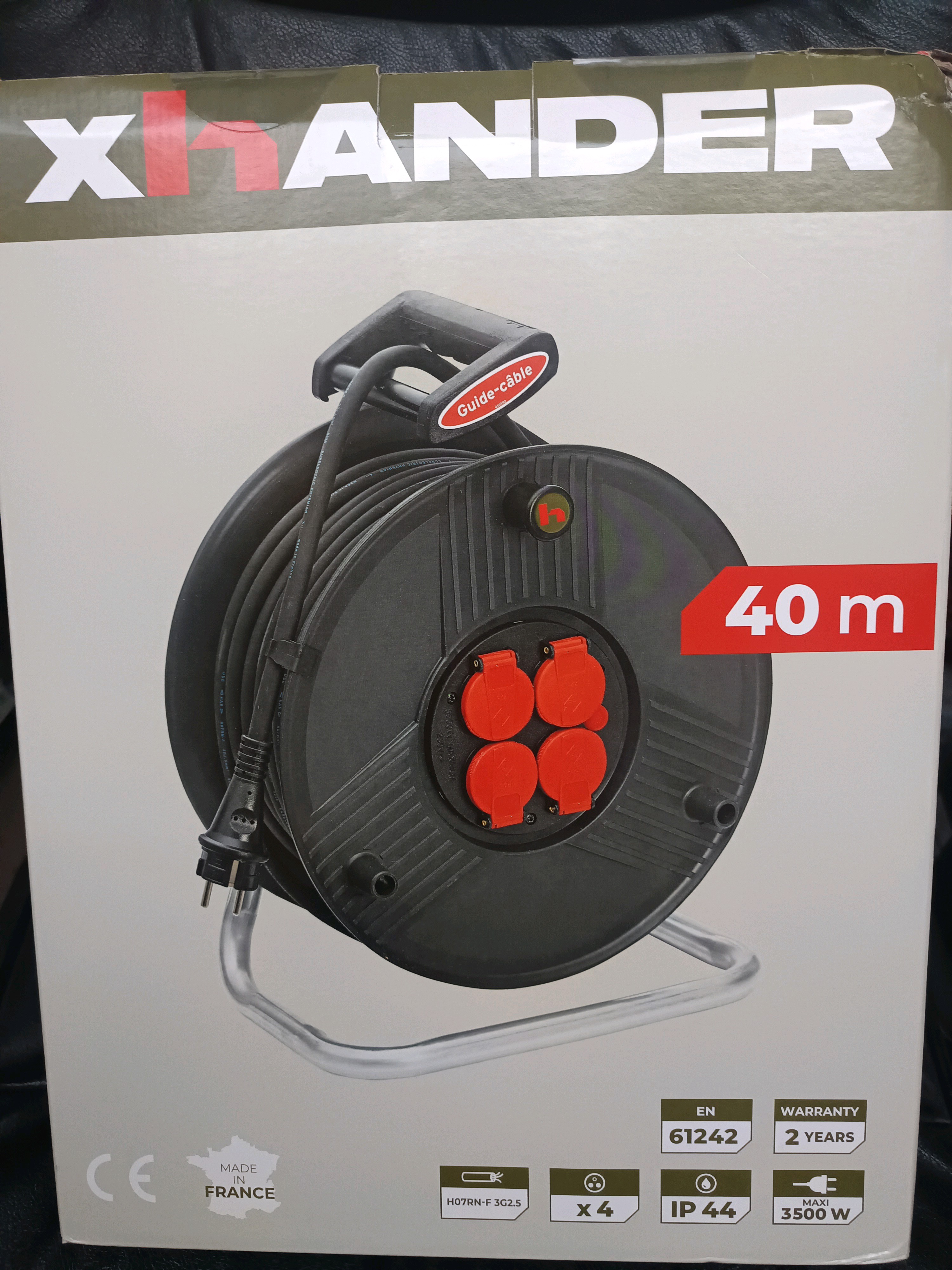 Enrouleur électrique xHANDER 40 m – 4 prises IP44, câble H07RN-F 3G2.5 (EN 61242)