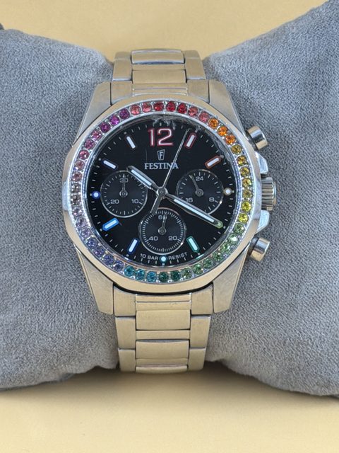 Montre femme Festina F20606 multifonction acier lunette pierres multicolores