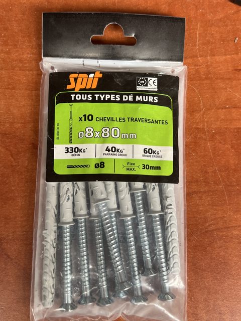 SPIT lot de 10 chevilles traversantes acier Ø8 x 80 mm