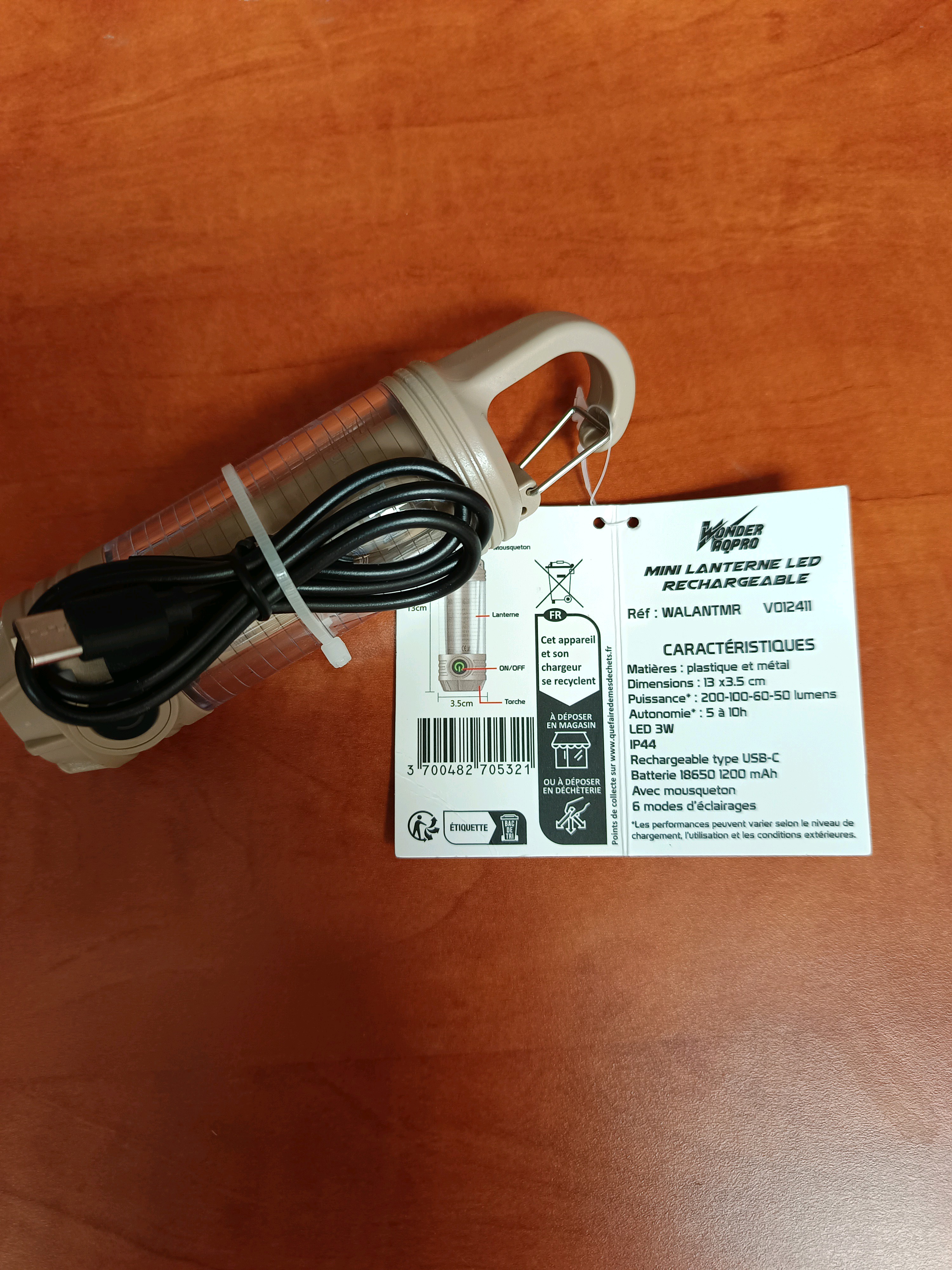 Lanterne de camping LED rechargeable 200 lm avec crochet (verte)