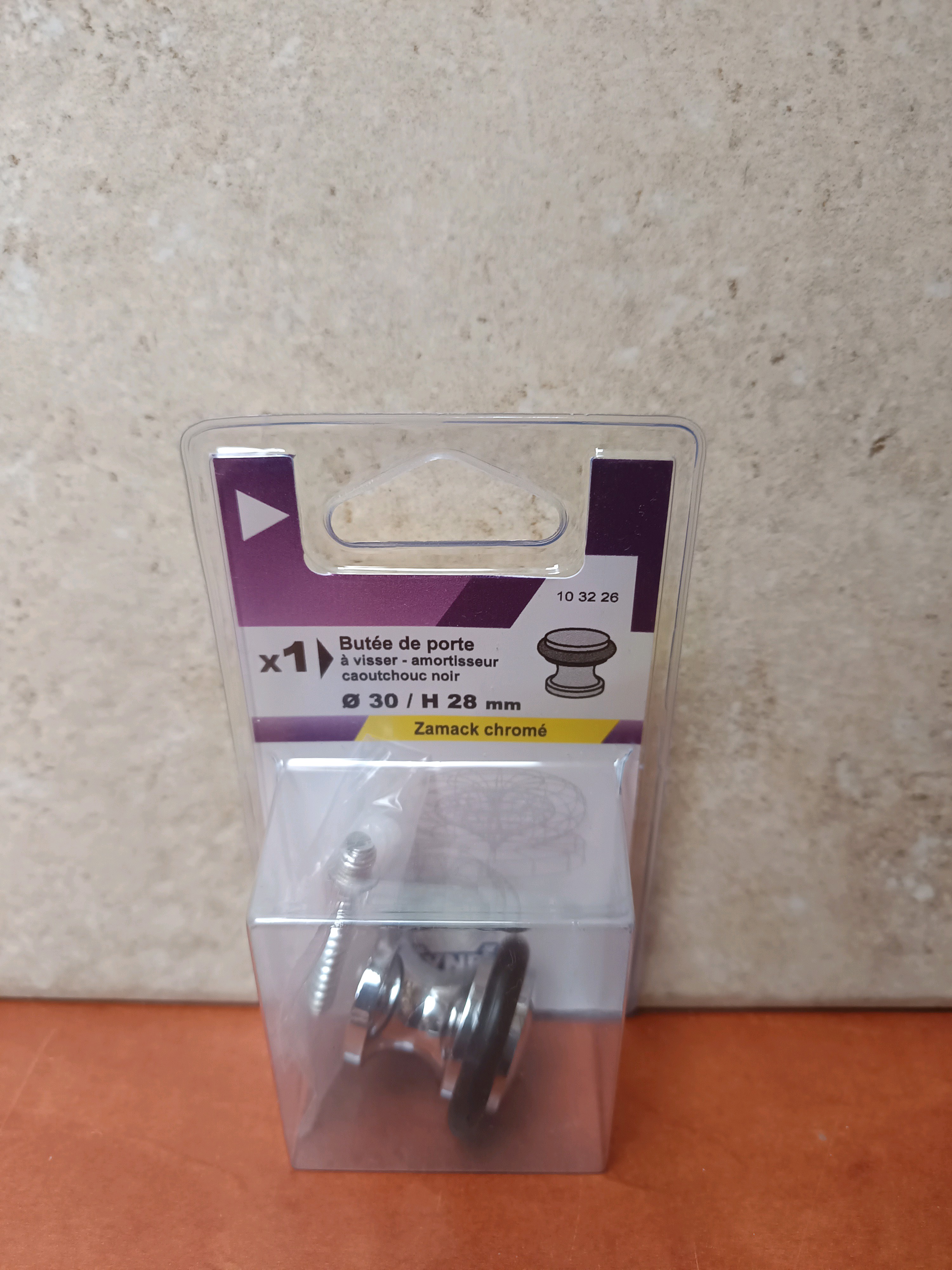 Butée de porte à visser Ø30 x H28 mm, Zamak chromé, amortisseur caoutchouc noir