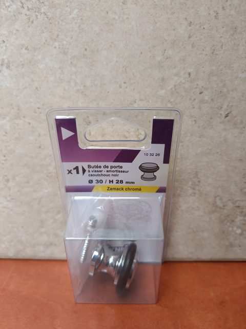 Butée de porte à visser Ø30 x H28 mm, Zamak chromé, amortisseur caoutchouc noir