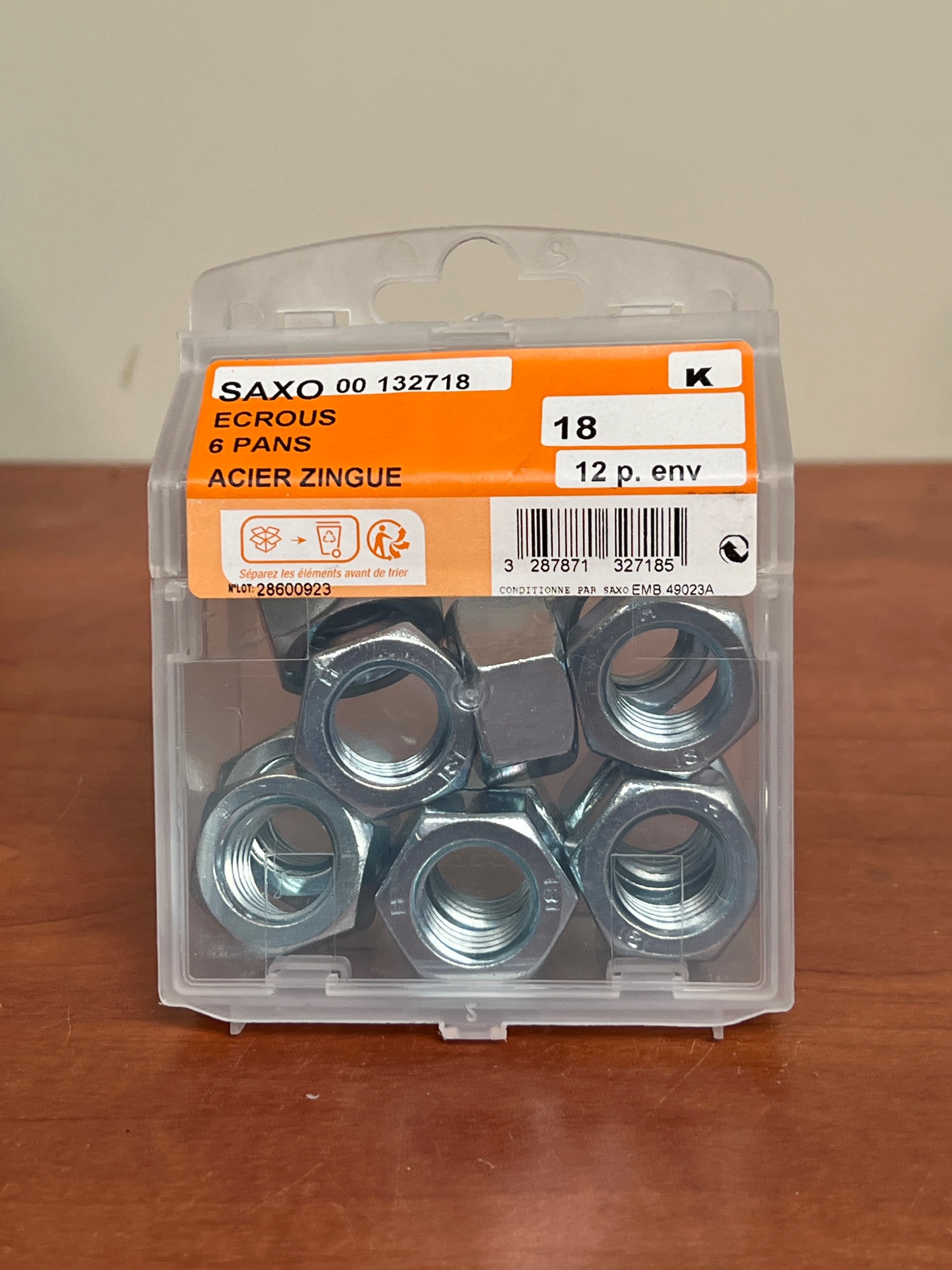 SAXO Écrous 6 pans en acier zingué, taille 18 (boîte)