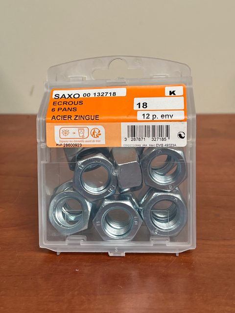 SAXO Écrous 6 pans en acier zingué, taille 18 (boîte)