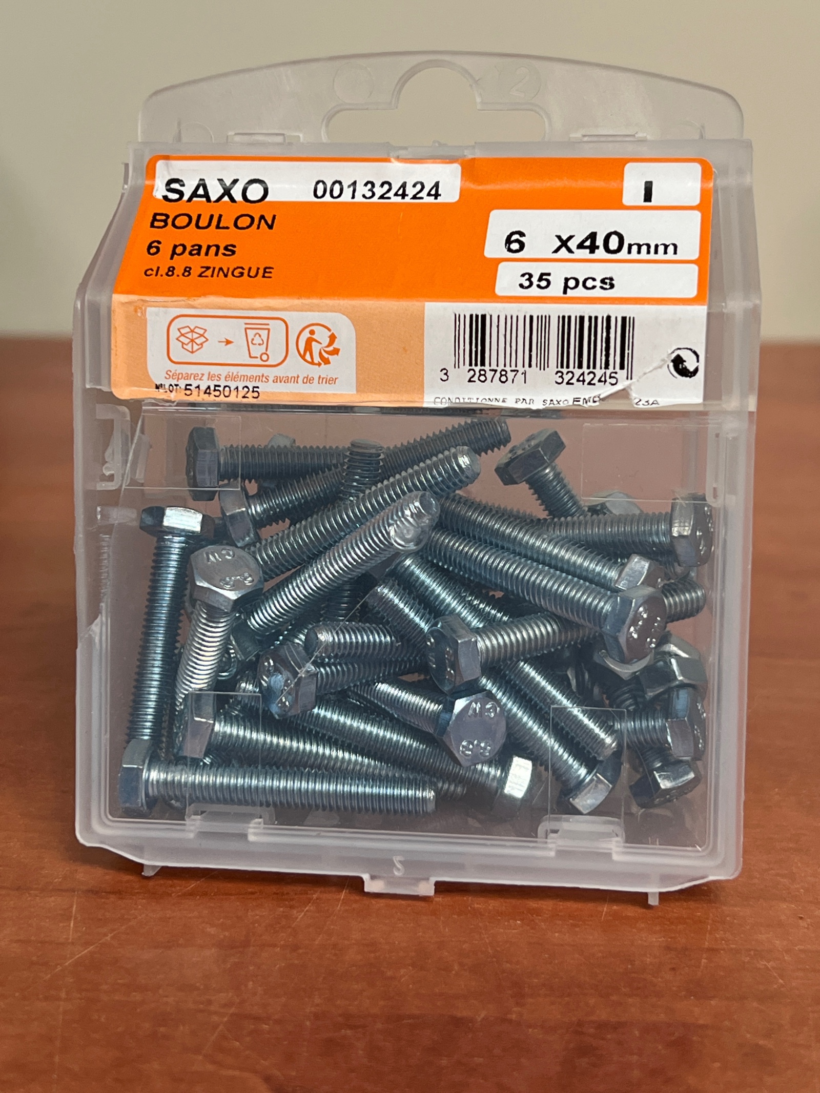 SAXO Boulons 6 pans 6 x 40 mm zingué cl. 8.8 (boîte de 35)